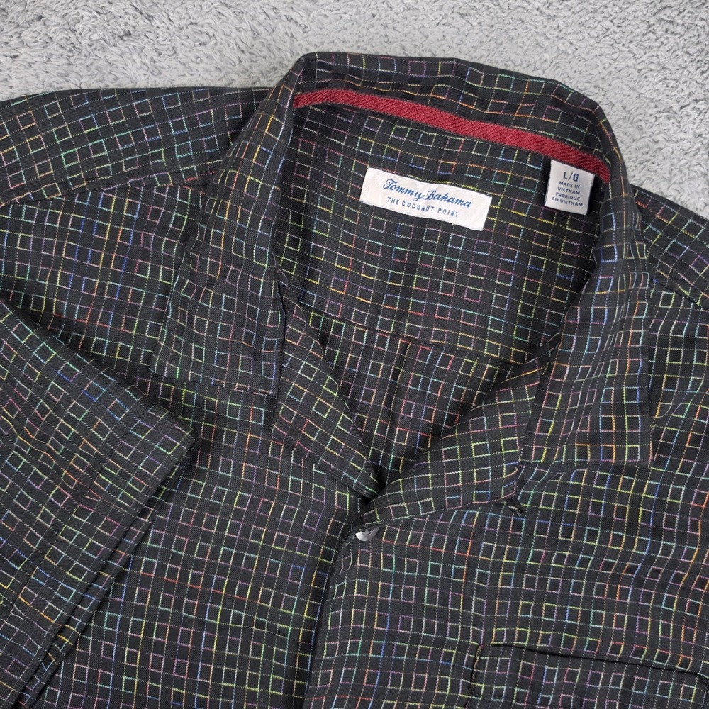 Tommy Bahama Coconut Point Shirt Mens L Black Island Zone Camp Collar Tencel EUC